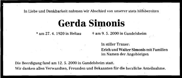 Simonis Gerda 1920-2000 Todesanzeige